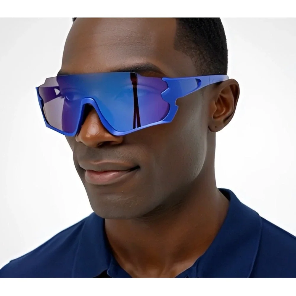 Blue Shield Sunglasses Blue Mirrored Lens Sport‎ Cycling Running Glasses UV400